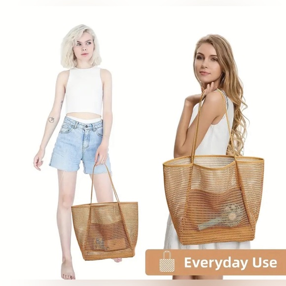 Mesh Large Tote-Khaki/Tan - Picture 2 of 3